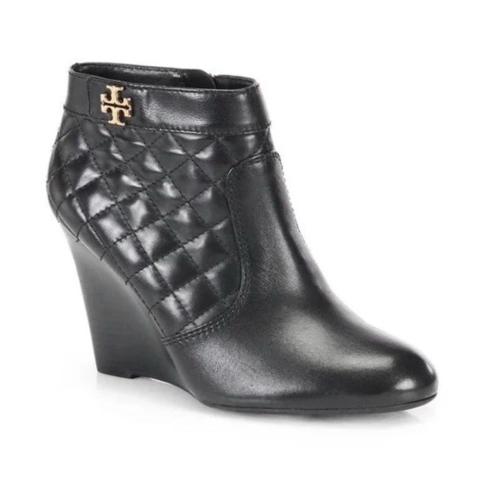 Tory Burch Leila Black Leather Quilted Ankle Wedge Booties Size 6 - Picture 2 of 5